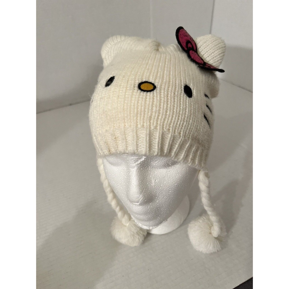 Hellow Kitty‎ Knit White Beanie Hat With Ears, Pink Bow & Braided Tassels